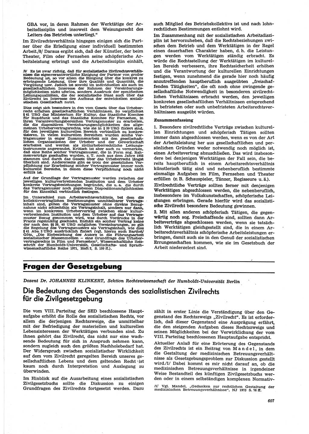 Neue Justiz (NJ), Zeitschrift für Recht und Rechtswissenschaft [Deutsche Demokratische Republik (DDR)], 27. Jahrgang 1973, Seite 607 (NJ DDR 1973, S. 607)