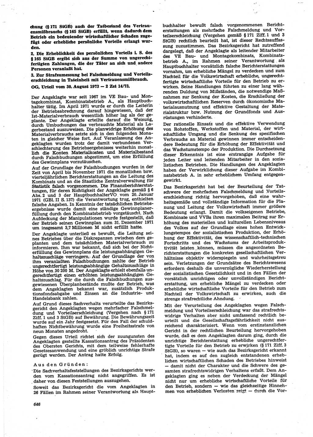 Neue Justiz (NJ), Zeitschrift für Recht und Rechtswissenschaft [Deutsche Demokratische Republik (DDR)], 27. Jahrgang 1973, Seite 646 (NJ DDR 1973, S. 646)