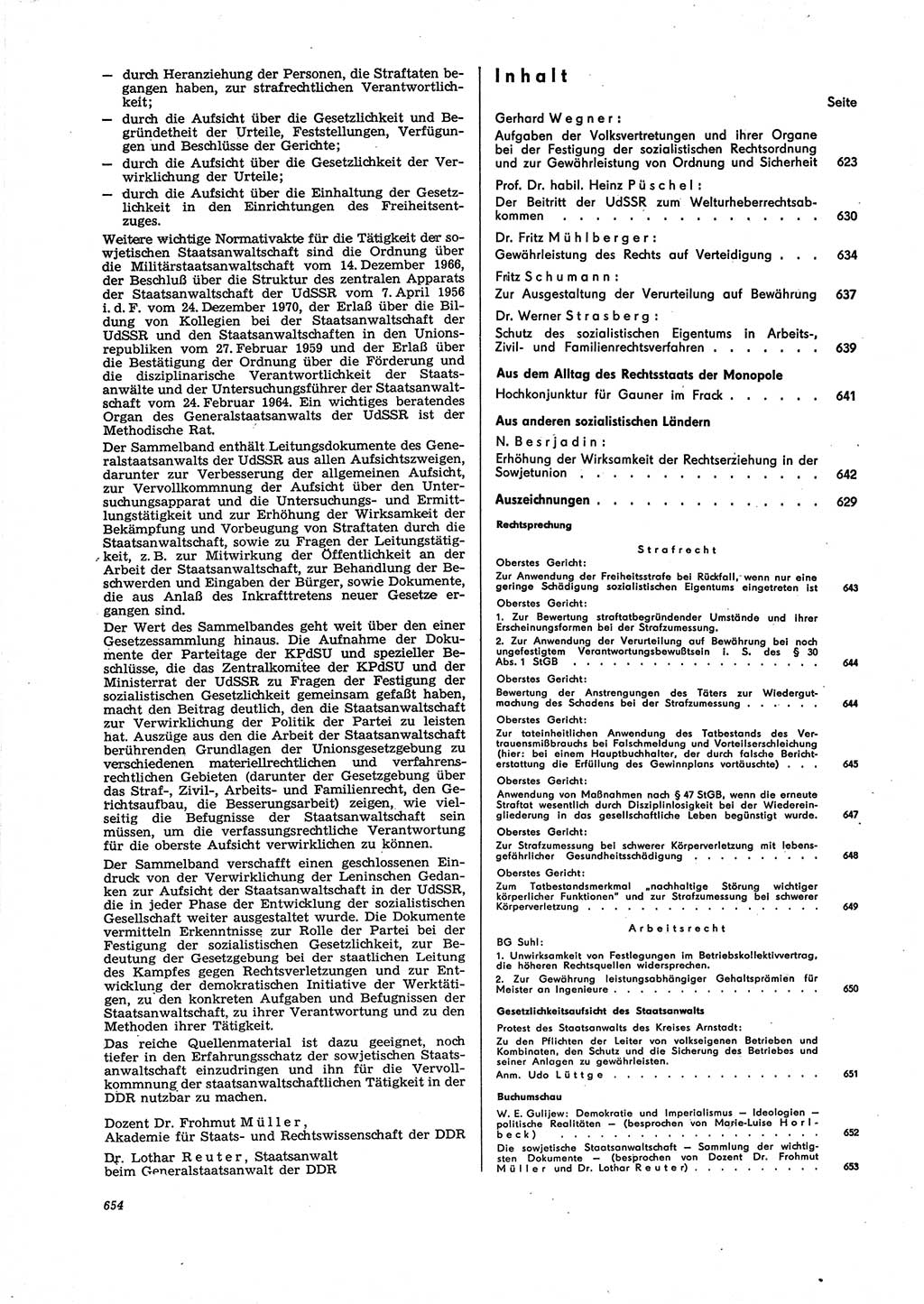 Neue Justiz (NJ), Zeitschrift für Recht und Rechtswissenschaft [Deutsche Demokratische Republik (DDR)], 27. Jahrgang 1973, Seite 654 (NJ DDR 1973, S. 654)