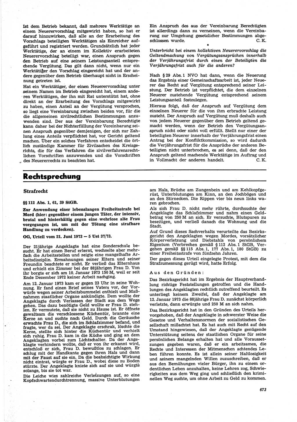Neue Justiz (NJ), Zeitschrift für Recht und Rechtswissenschaft [Deutsche Demokratische Republik (DDR)], 27. Jahrgang 1973, Seite 673 (NJ DDR 1973, S. 673)
