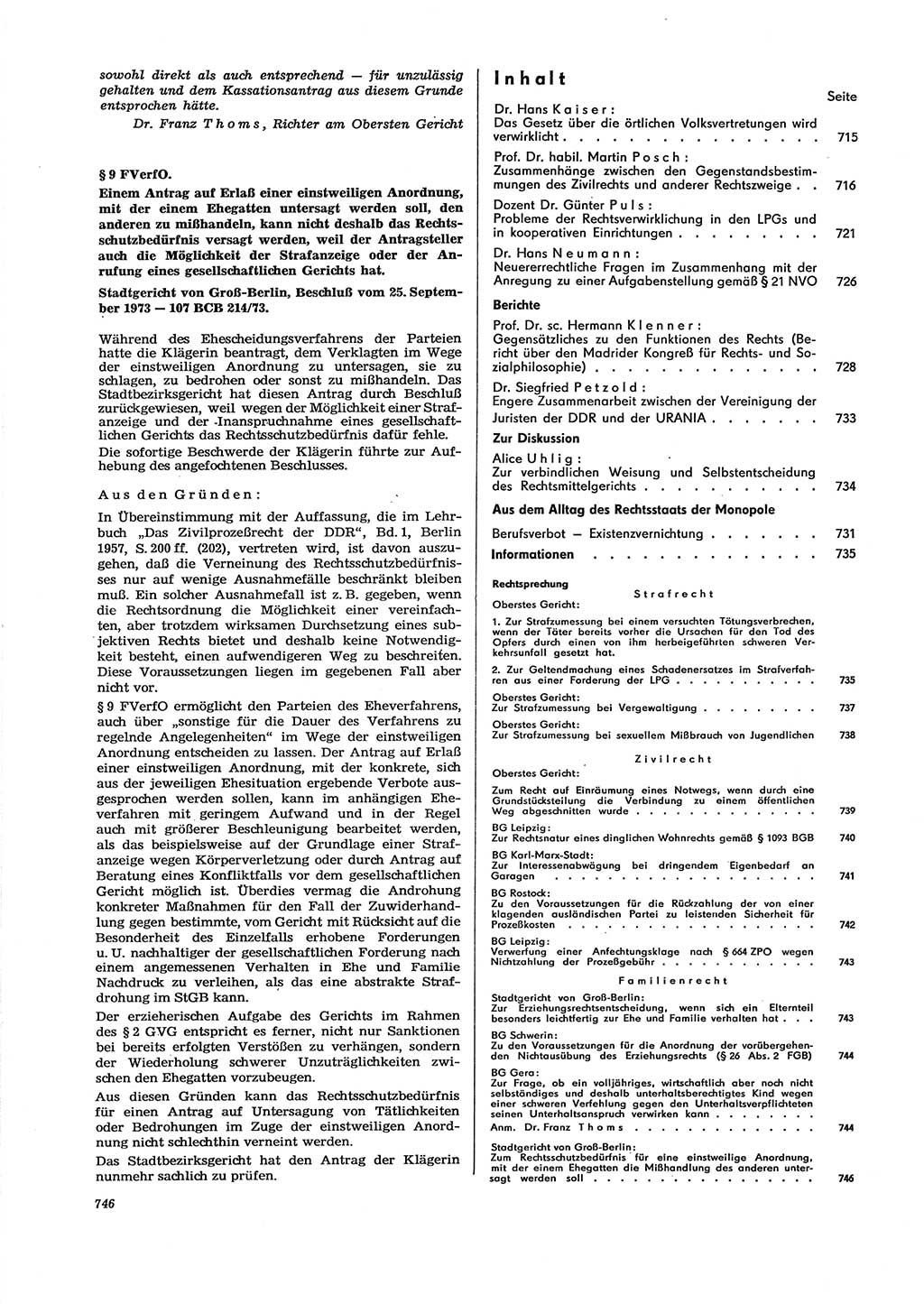 Neue Justiz (NJ), Zeitschrift für Recht und Rechtswissenschaft [Deutsche Demokratische Republik (DDR)], 27. Jahrgang 1973, Seite 746 (NJ DDR 1973, S. 746)