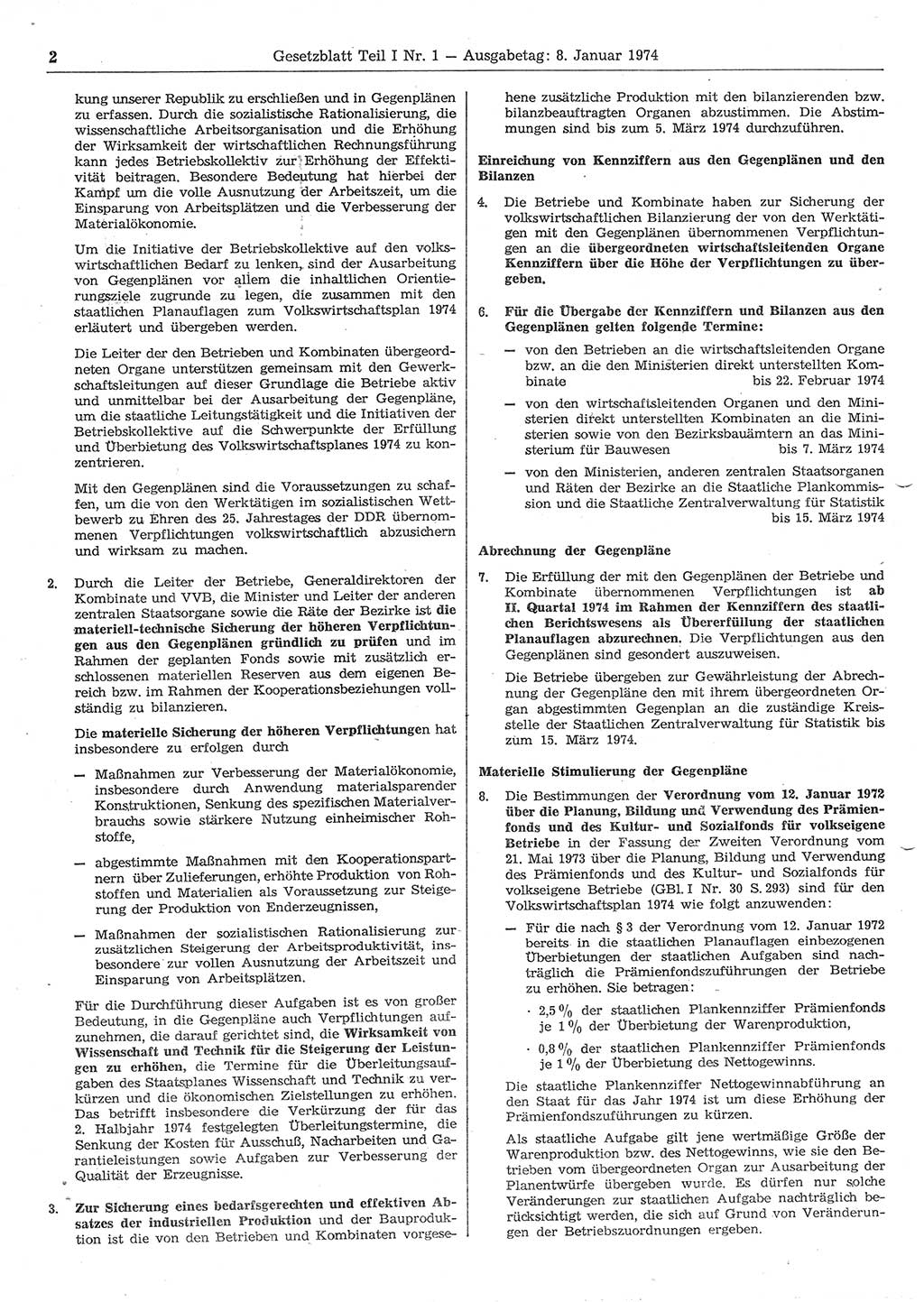 Gesetzblatt (GBl.) der Deutschen Demokratischen Republik (DDR) Teil Ⅰ 1974, Seite 2 (GBl. DDR Ⅰ 1974, S. 2)