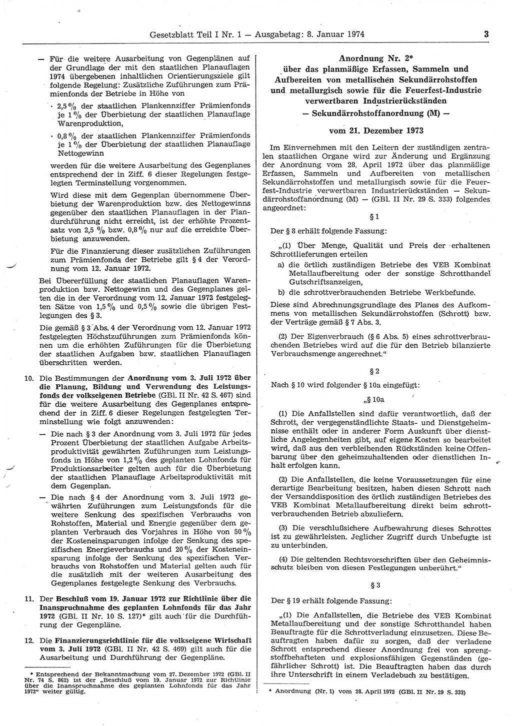 Gesetzblatt (GBl.) der Deutschen Demokratischen Republik (DDR) Teil Ⅰ 1974, Seite 3 (GBl. DDR Ⅰ 1974, S. 3)