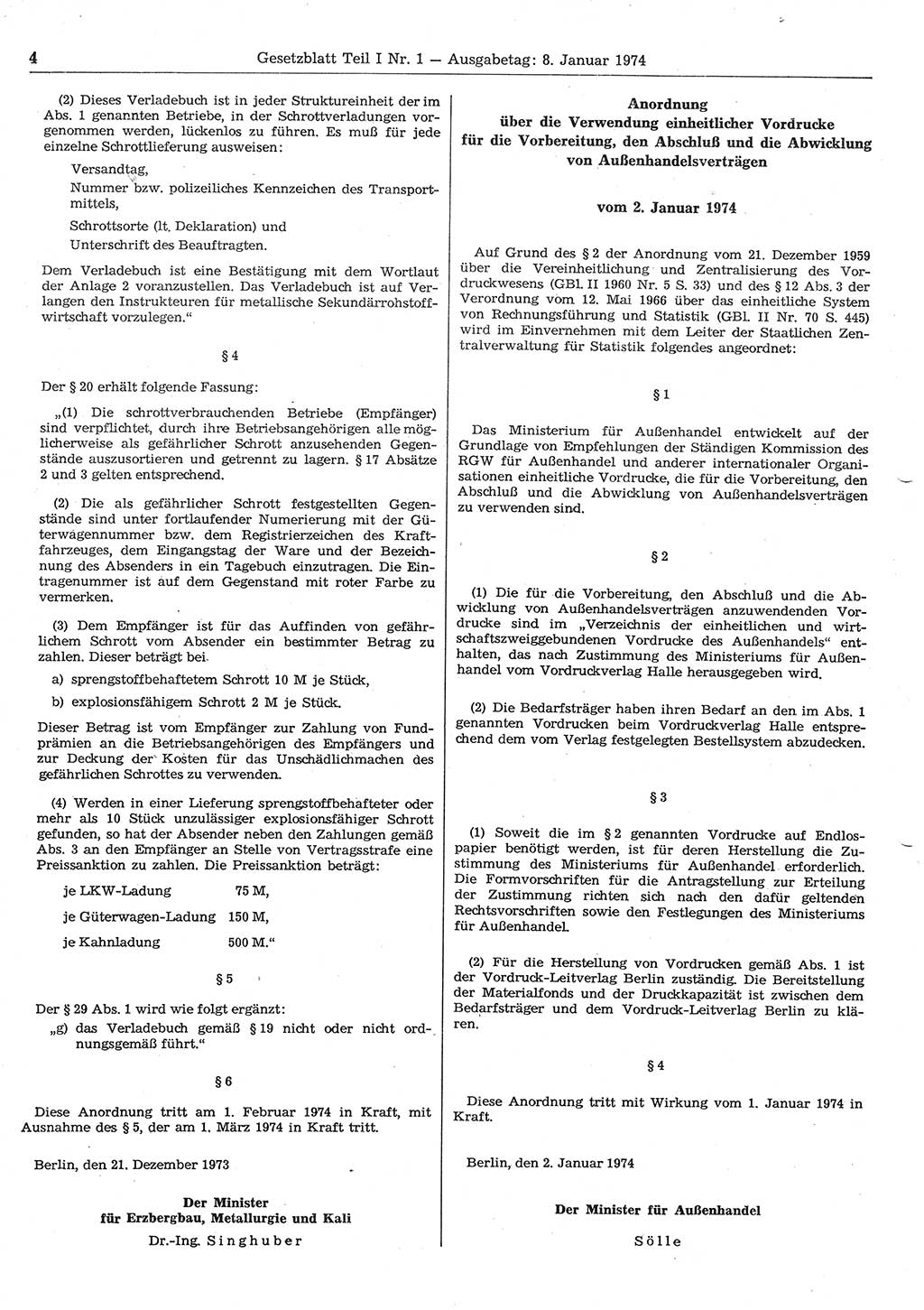 Gesetzblatt (GBl.) der Deutschen Demokratischen Republik (DDR) Teil Ⅰ 1974, Seite 4 (GBl. DDR Ⅰ 1974, S. 4)