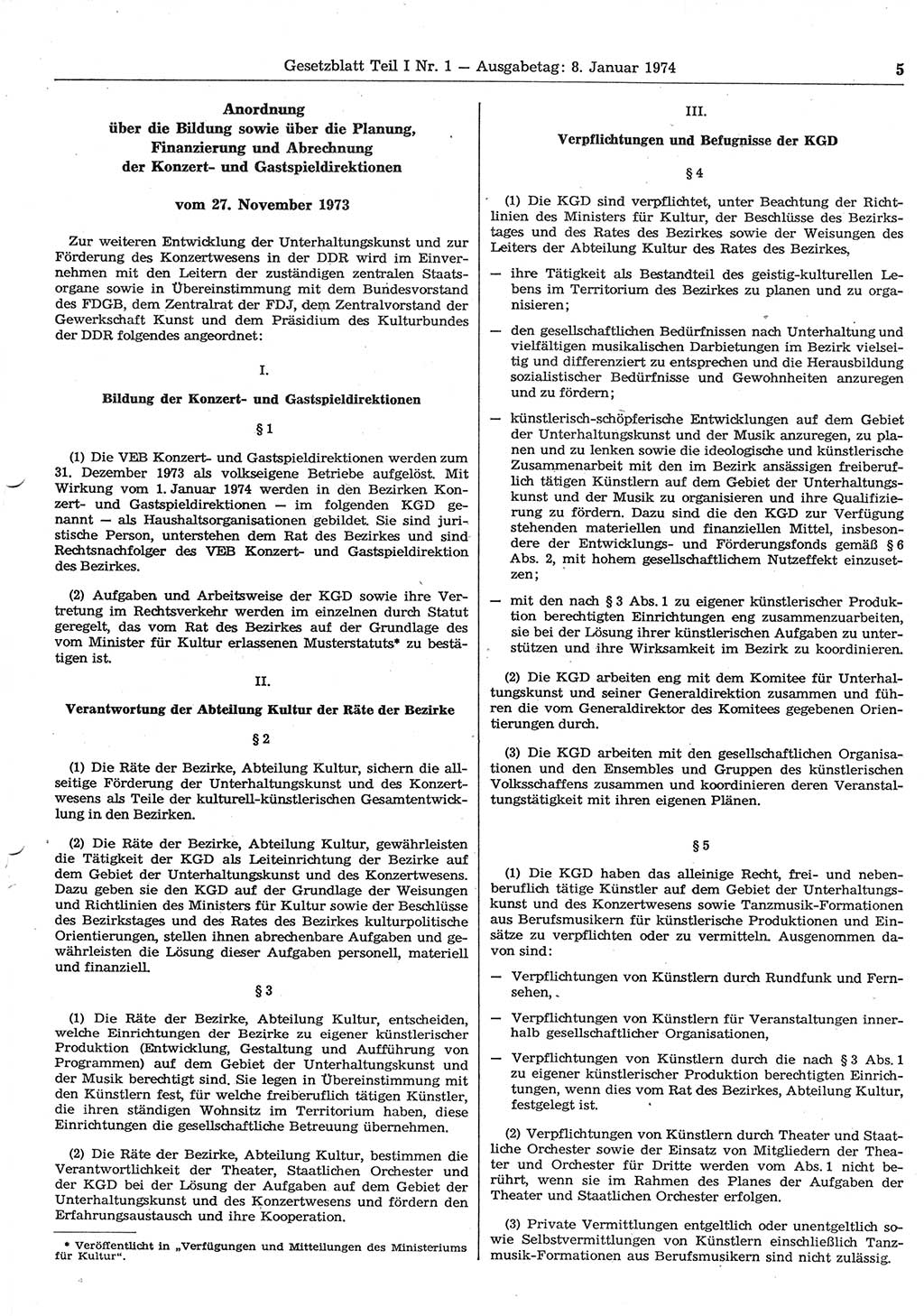 Gesetzblatt (GBl.) der Deutschen Demokratischen Republik (DDR) Teil Ⅰ 1974, Seite 5 (GBl. DDR Ⅰ 1974, S. 5)