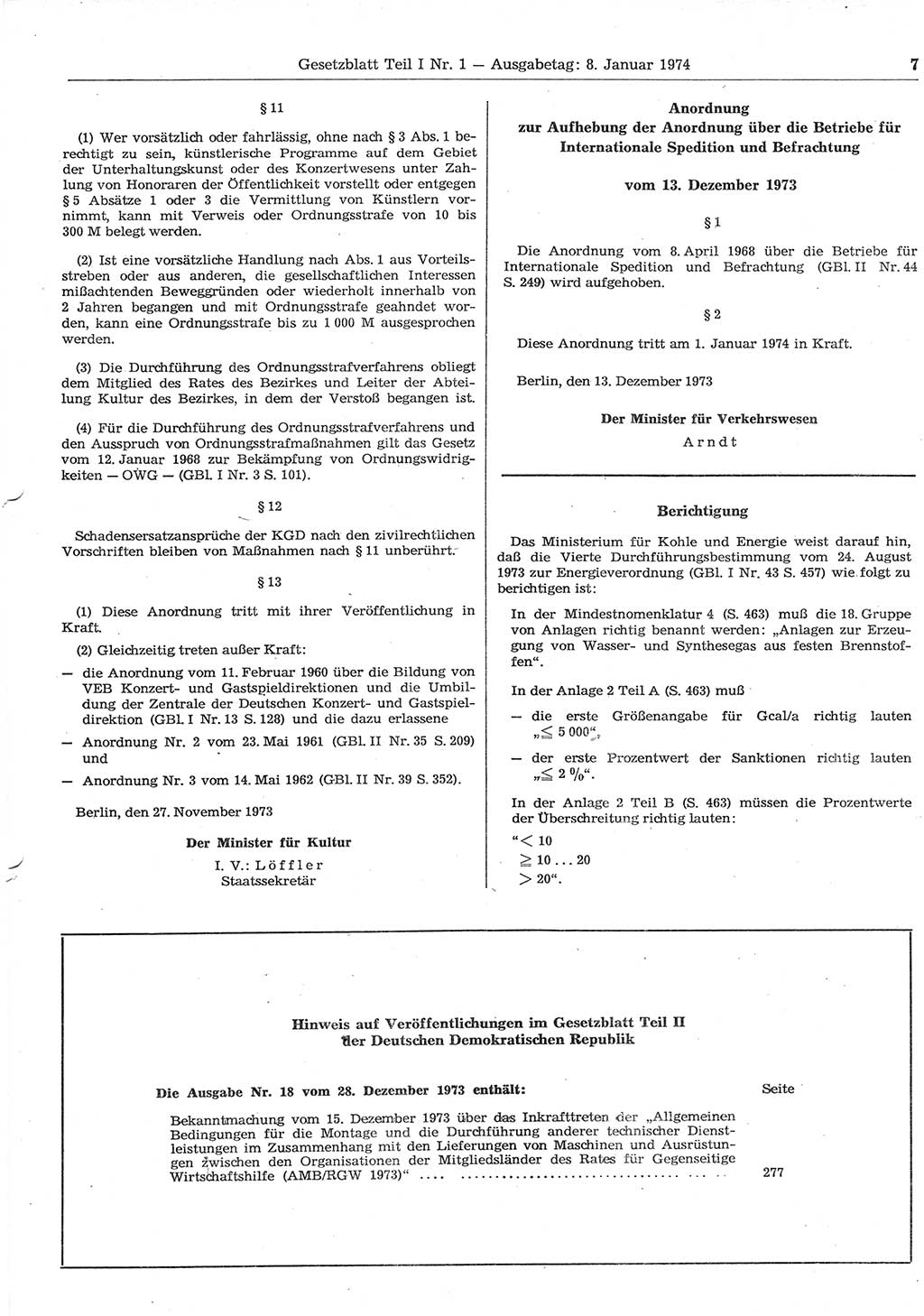 Gesetzblatt (GBl.) der Deutschen Demokratischen Republik (DDR) Teil Ⅰ 1974, Seite 7 (GBl. DDR Ⅰ 1974, S. 7)