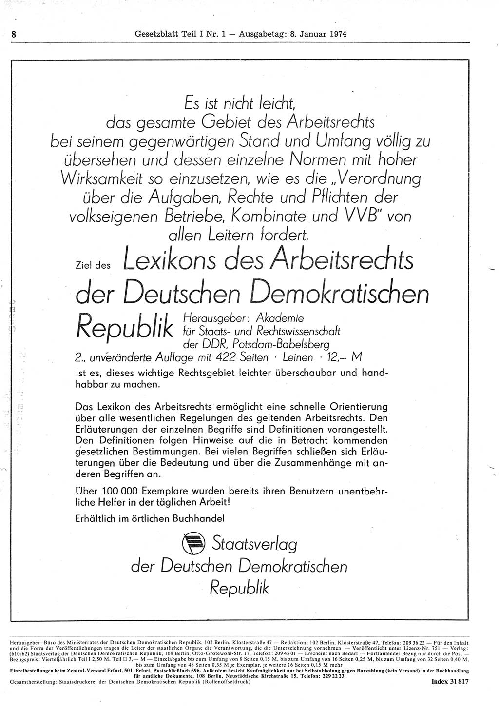 Gesetzblatt (GBl.) der Deutschen Demokratischen Republik (DDR) Teil Ⅰ 1974, Seite 8 (GBl. DDR Ⅰ 1974, S. 8)