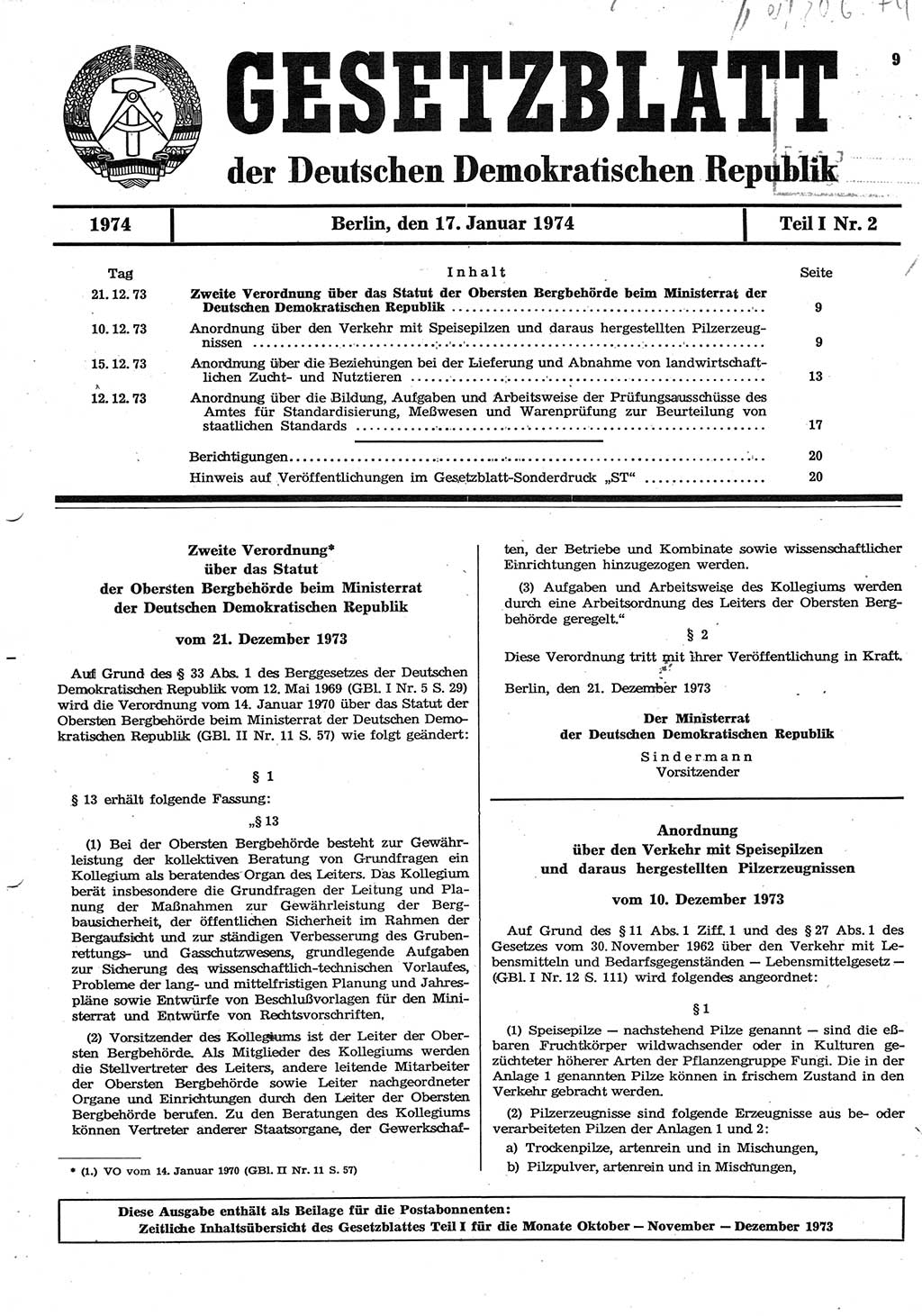 Gesetzblatt (GBl.) der Deutschen Demokratischen Republik (DDR) Teil Ⅰ 1974, Seite 9 (GBl. DDR Ⅰ 1974, S. 9)