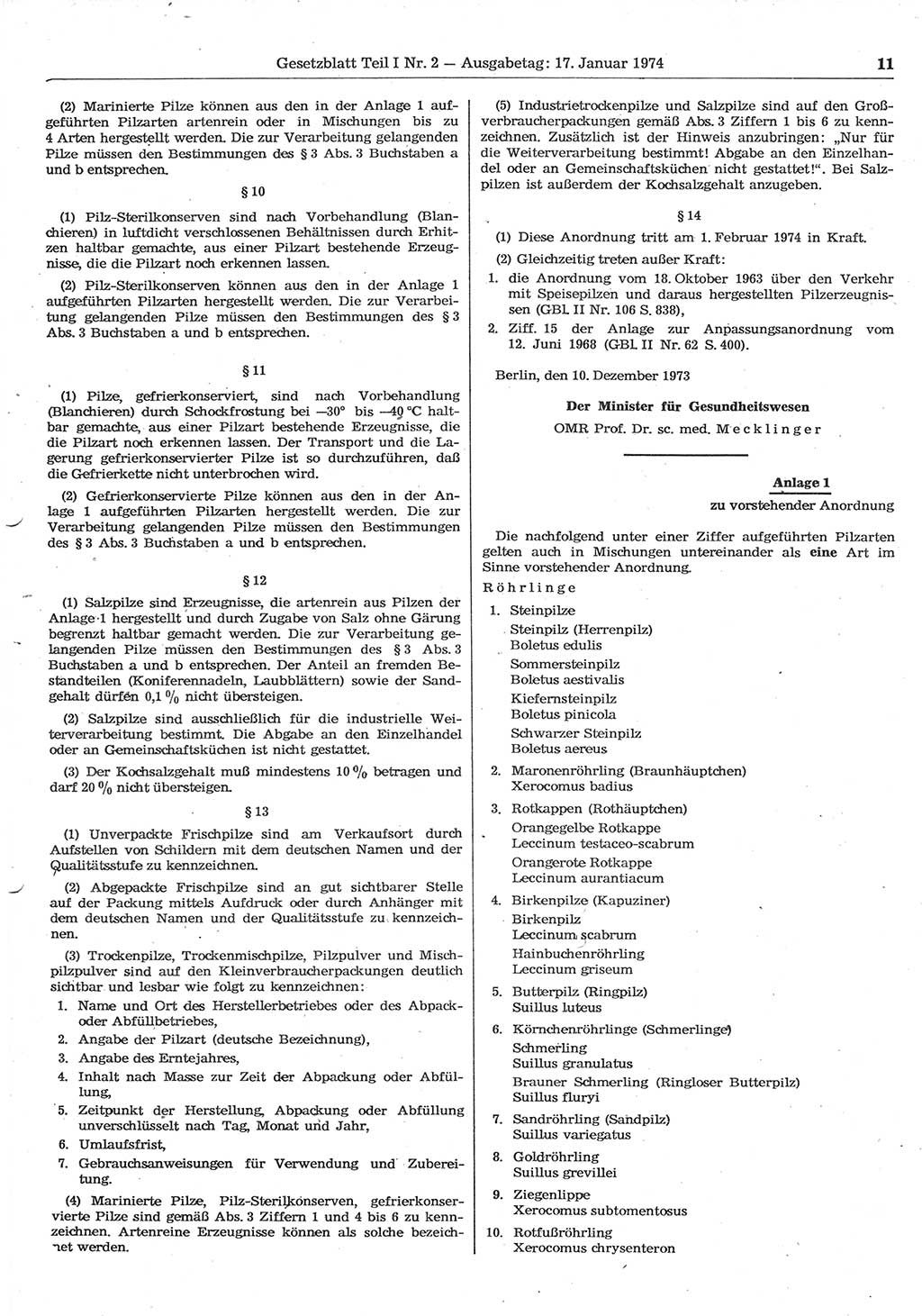 Gesetzblatt (GBl.) der Deutschen Demokratischen Republik (DDR) Teil Ⅰ 1974, Seite 11 (GBl. DDR Ⅰ 1974, S. 11)