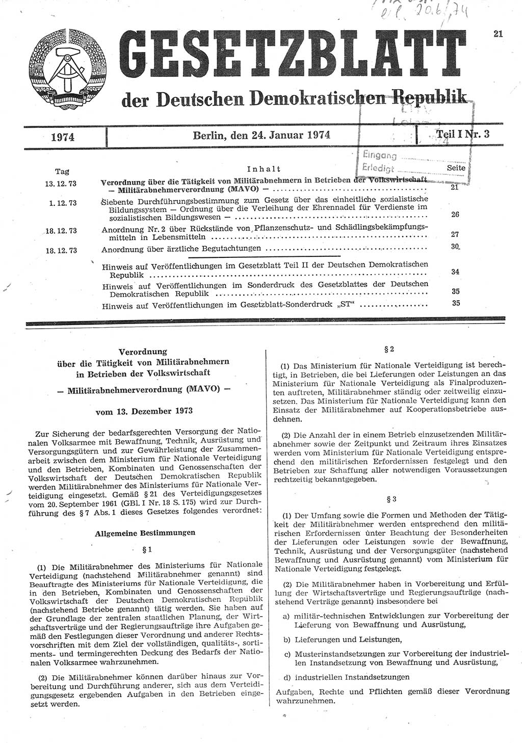 Gesetzblatt (GBl.) der Deutschen Demokratischen Republik (DDR) Teil Ⅰ 1974, Seite 21 (GBl. DDR Ⅰ 1974, S. 21)