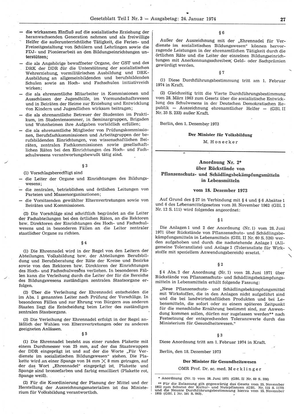 Gesetzblatt (GBl.) der Deutschen Demokratischen Republik (DDR) Teil Ⅰ 1974, Seite 27 (GBl. DDR Ⅰ 1974, S. 27)