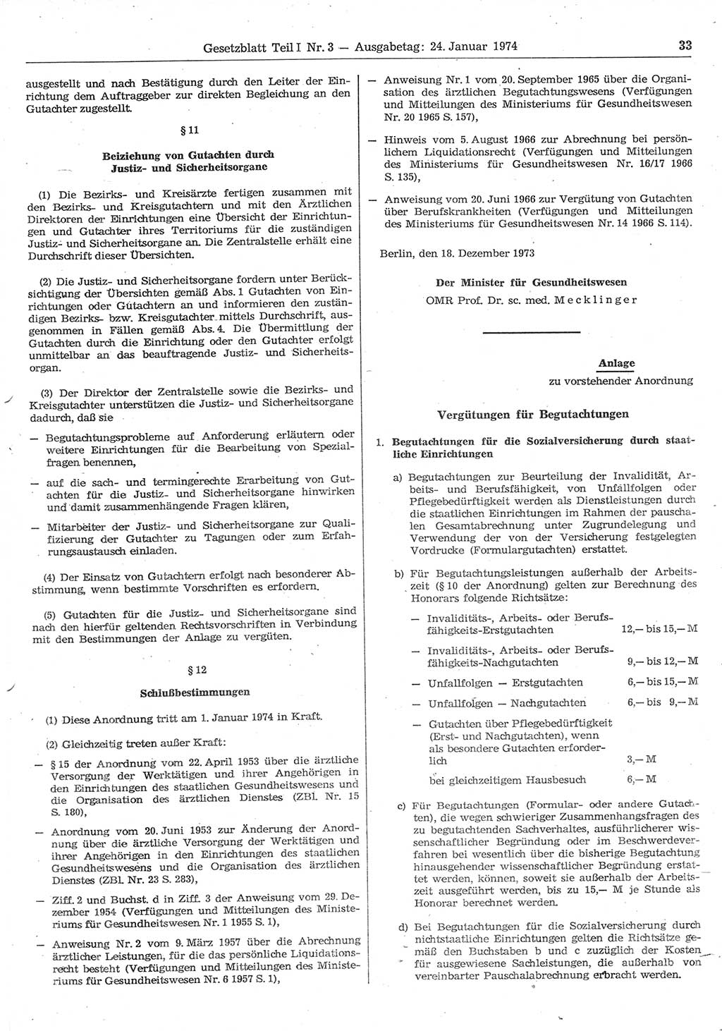 Gesetzblatt (GBl.) der Deutschen Demokratischen Republik (DDR) Teil Ⅰ 1974, Seite 33 (GBl. DDR Ⅰ 1974, S. 33)