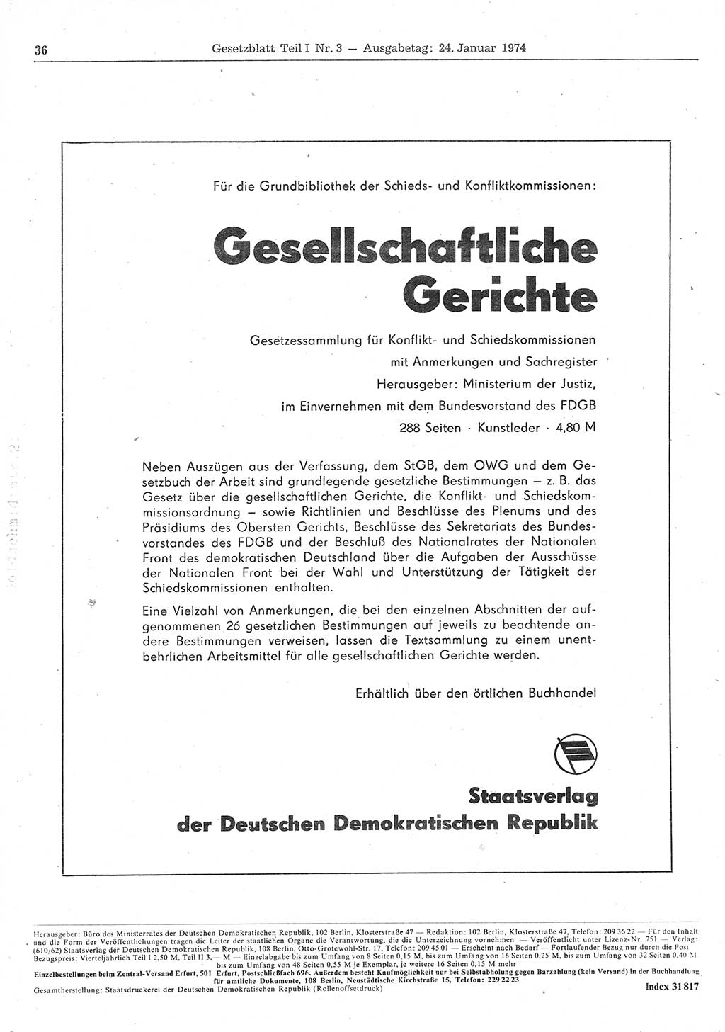 Gesetzblatt (GBl.) der Deutschen Demokratischen Republik (DDR) Teil Ⅰ 1974, Seite 36 (GBl. DDR Ⅰ 1974, S. 36)