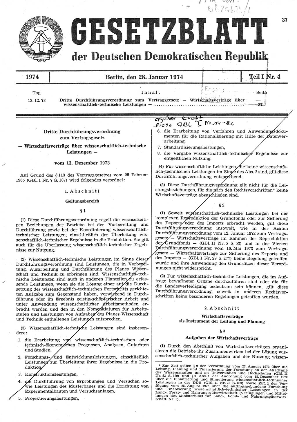 Gesetzblatt (GBl.) der Deutschen Demokratischen Republik (DDR) Teil Ⅰ 1974, Seite 37 (GBl. DDR Ⅰ 1974, S. 37)