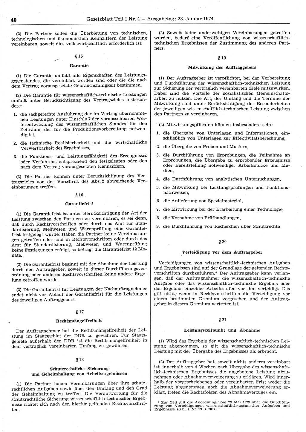 Gesetzblatt (GBl.) der Deutschen Demokratischen Republik (DDR) Teil Ⅰ 1974, Seite 40 (GBl. DDR Ⅰ 1974, S. 40)