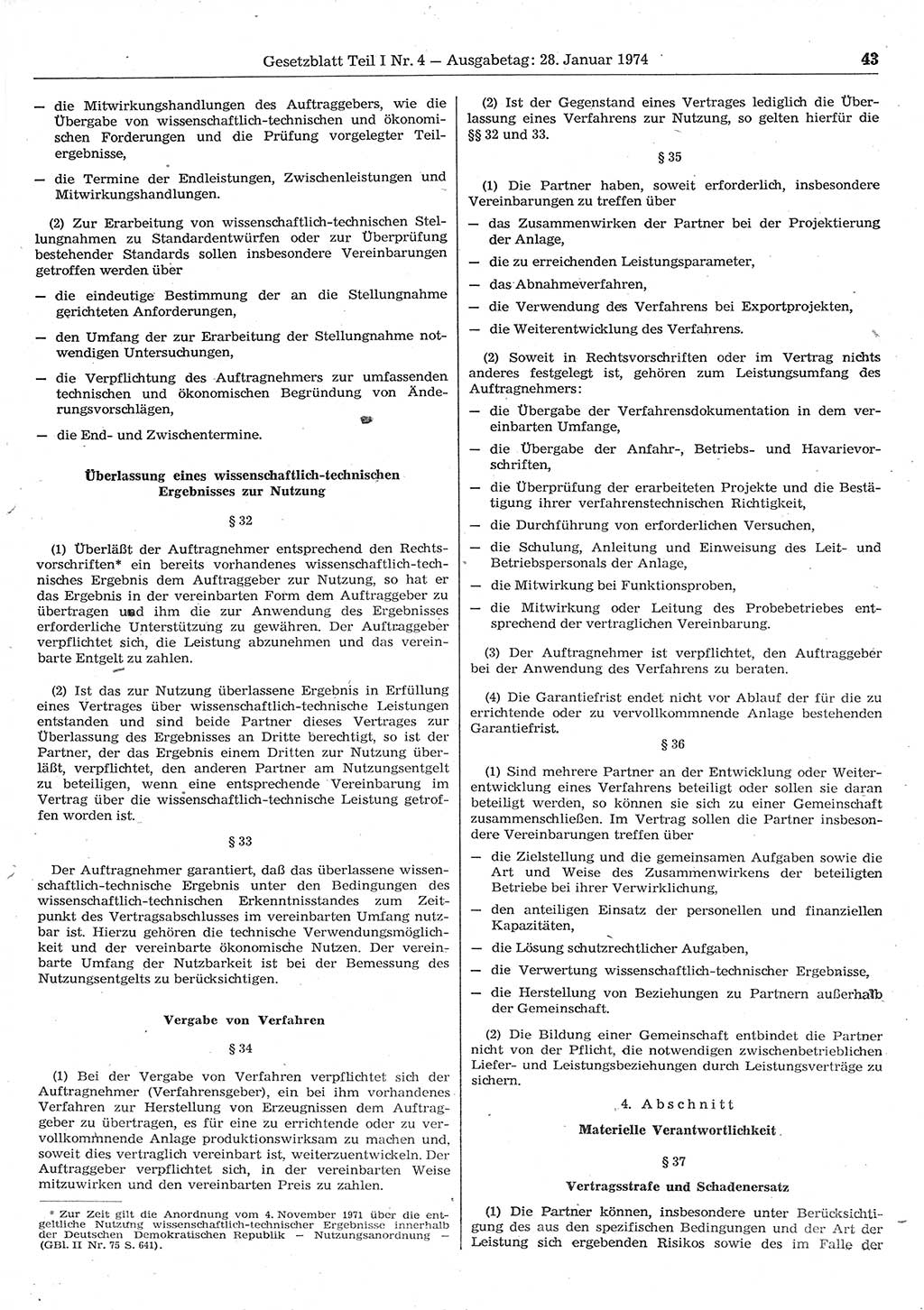 Gesetzblatt (GBl.) der Deutschen Demokratischen Republik (DDR) Teil Ⅰ 1974, Seite 43 (GBl. DDR Ⅰ 1974, S. 43)