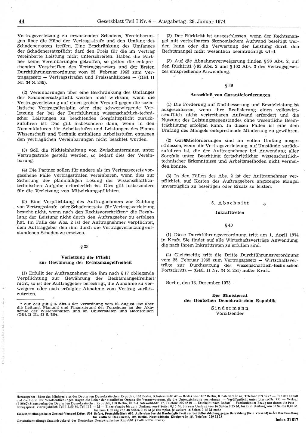 Gesetzblatt (GBl.) der Deutschen Demokratischen Republik (DDR) Teil Ⅰ 1974, Seite 44 (GBl. DDR Ⅰ 1974, S. 44)