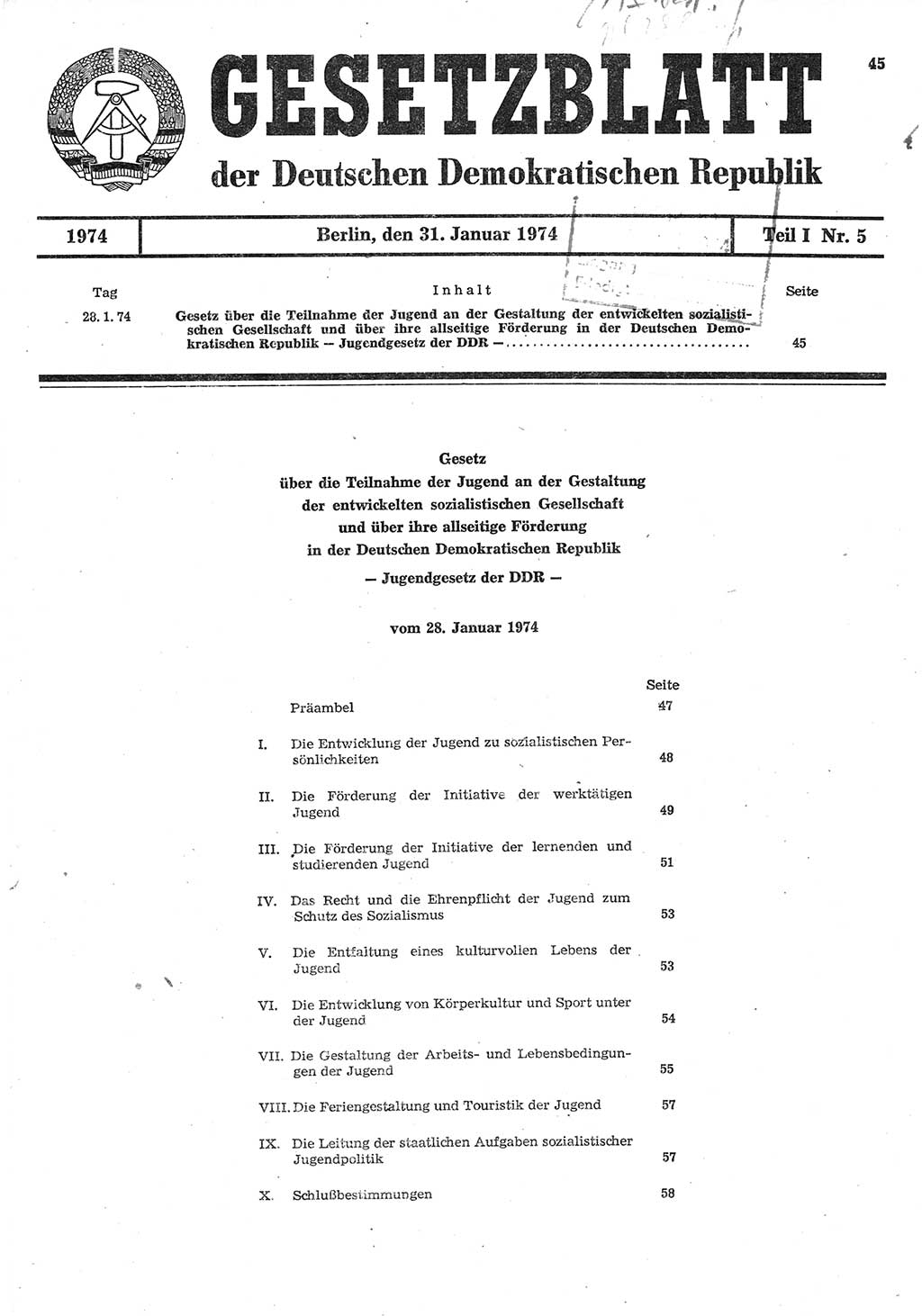 Gesetzblatt (GBl.) der Deutschen Demokratischen Republik (DDR) Teil Ⅰ 1974, Seite 45 (GBl. DDR Ⅰ 1974, S. 45)