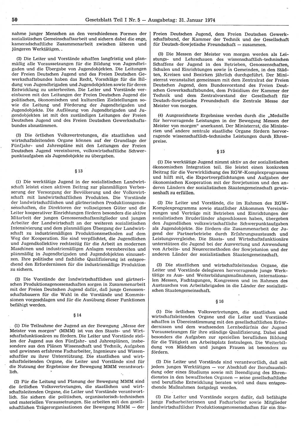 Gesetzblatt (GBl.) der Deutschen Demokratischen Republik (DDR) Teil Ⅰ 1974, Seite 50 (GBl. DDR Ⅰ 1974, S. 50)