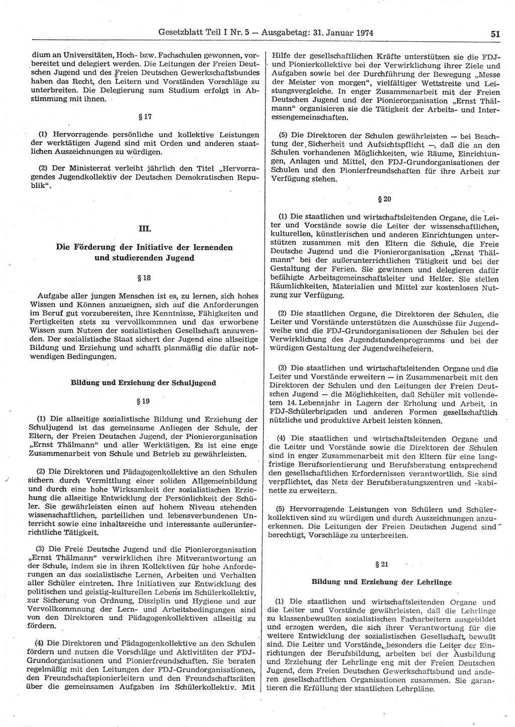 Gesetzblatt (GBl.) der Deutschen Demokratischen Republik (DDR) Teil Ⅰ 1974, Seite 51 (GBl. DDR Ⅰ 1974, S. 51)