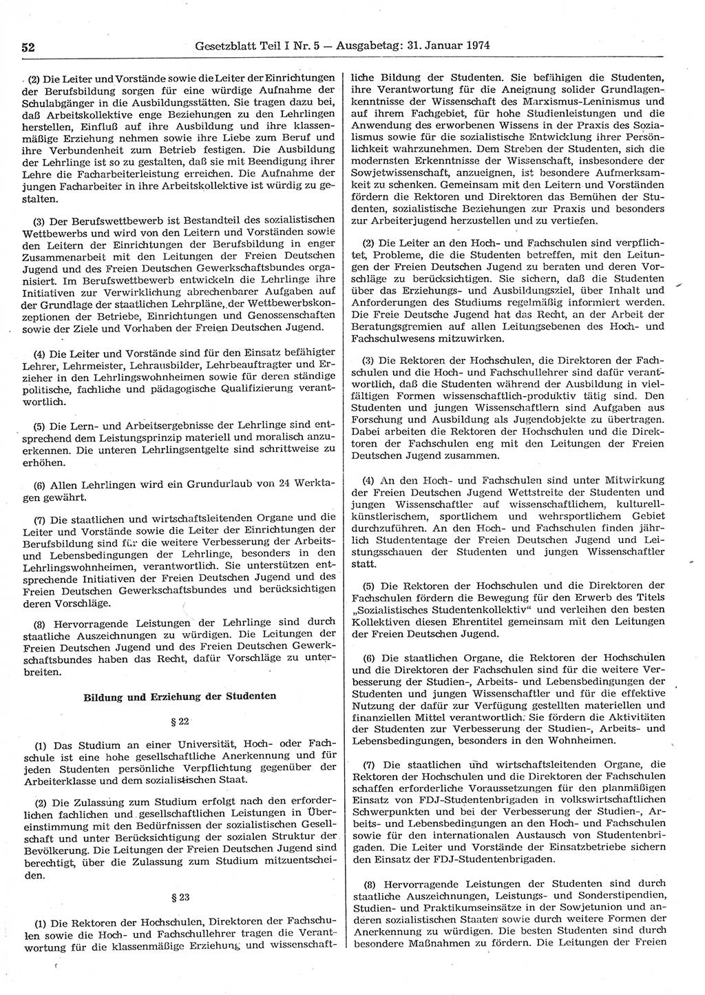 Gesetzblatt (GBl.) der Deutschen Demokratischen Republik (DDR) Teil Ⅰ 1974, Seite 52 (GBl. DDR Ⅰ 1974, S. 52)