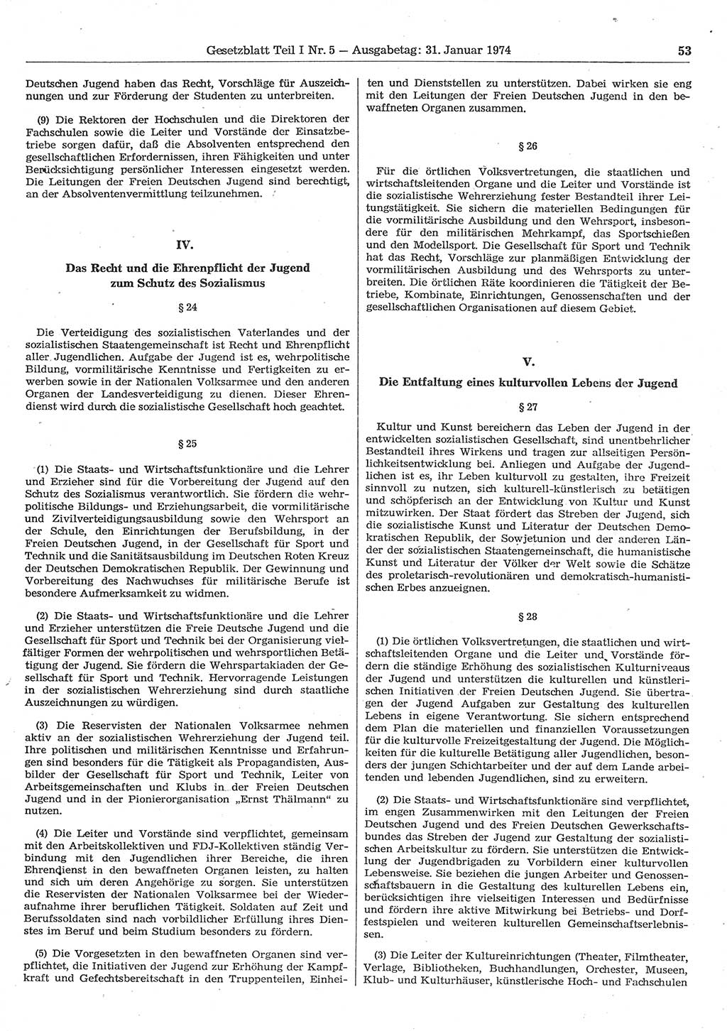 Gesetzblatt (GBl.) der Deutschen Demokratischen Republik (DDR) Teil Ⅰ 1974, Seite 53 (GBl. DDR Ⅰ 1974, S. 53)