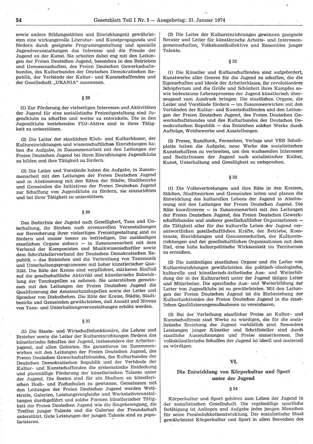 Gesetzblatt (GBl.) der Deutschen Demokratischen Republik (DDR) Teil Ⅰ 1974, Seite 54 (GBl. DDR Ⅰ 1974, S. 54)