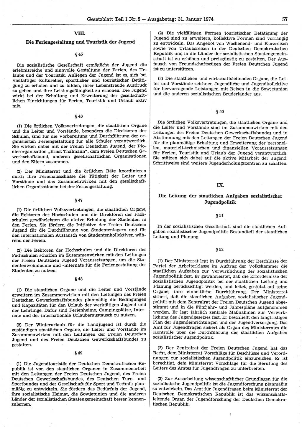 Gesetzblatt (GBl.) der Deutschen Demokratischen Republik (DDR) Teil Ⅰ 1974, Seite 57 (GBl. DDR Ⅰ 1974, S. 57)
