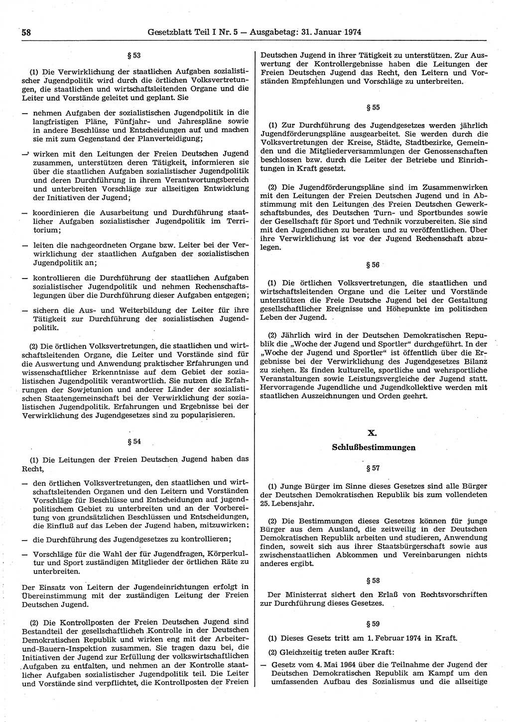 Gesetzblatt (GBl.) der Deutschen Demokratischen Republik (DDR) Teil Ⅰ 1974, Seite 58 (GBl. DDR Ⅰ 1974, S. 58)