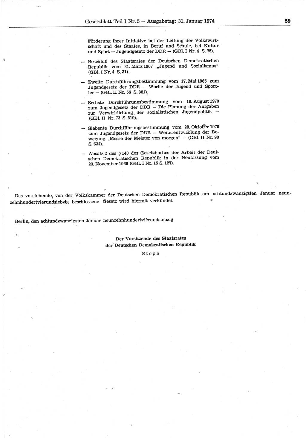 Gesetzblatt (GBl.) der Deutschen Demokratischen Republik (DDR) Teil Ⅰ 1974, Seite 59 (GBl. DDR Ⅰ 1974, S. 59)