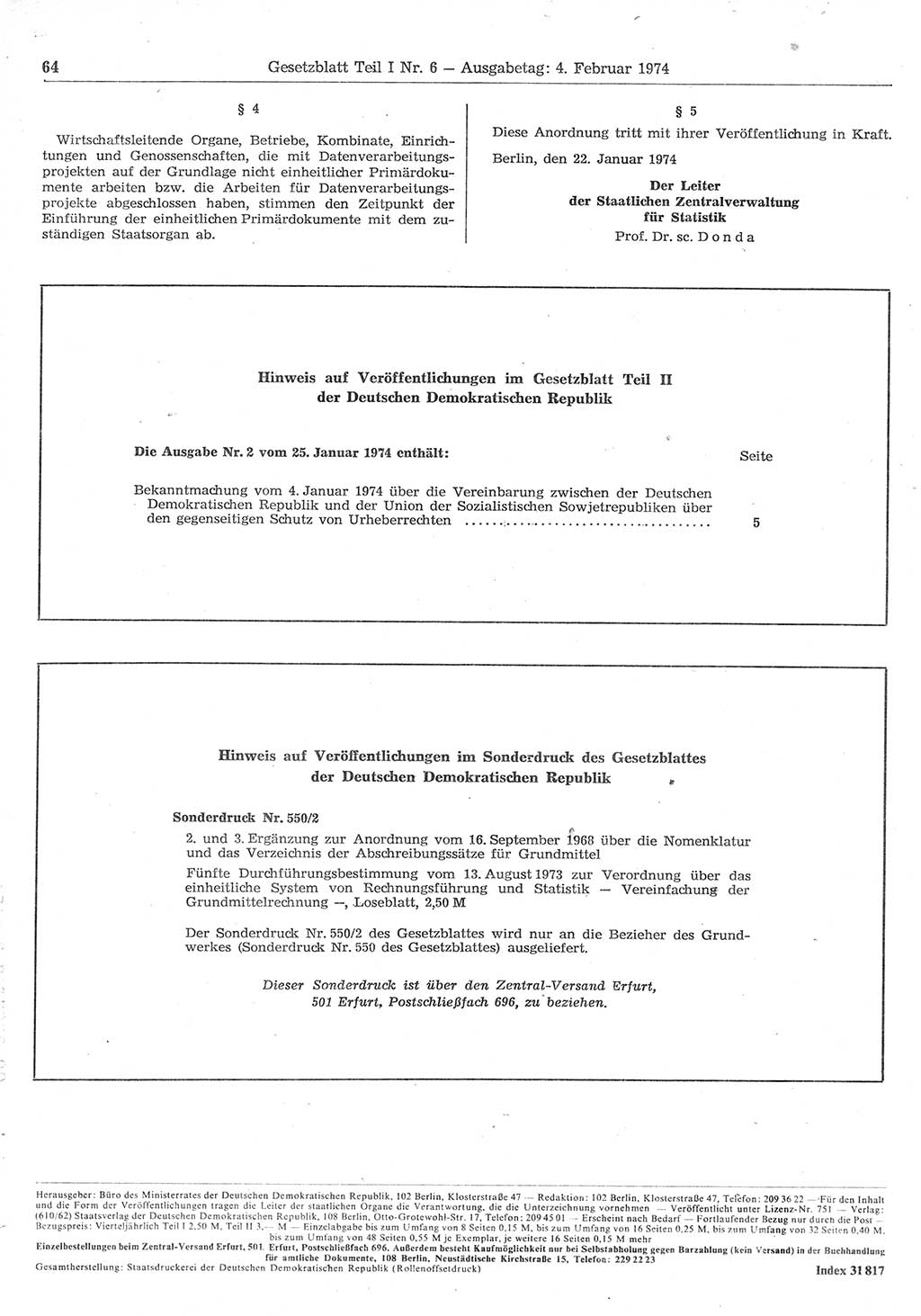 Gesetzblatt (GBl.) der Deutschen Demokratischen Republik (DDR) Teil Ⅰ 1974, Seite 64 (GBl. DDR Ⅰ 1974, S. 64)