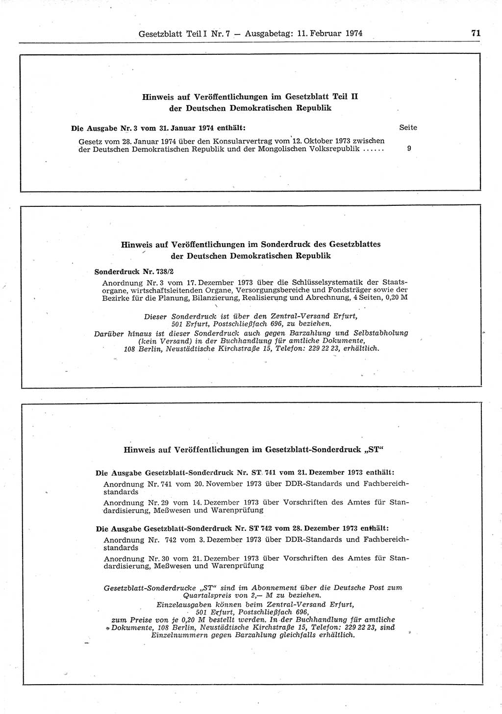 Gesetzblatt (GBl.) der Deutschen Demokratischen Republik (DDR) Teil Ⅰ 1974, Seite 71 (GBl. DDR Ⅰ 1974, S. 71)