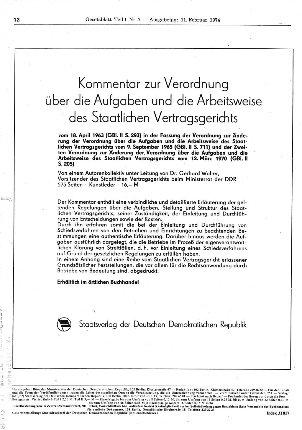Gesetzblatt (GBl.) der Deutschen Demokratischen Republik (DDR) Teil Ⅰ 1974, Seite 72 (GBl. DDR Ⅰ 1974, S. 72)