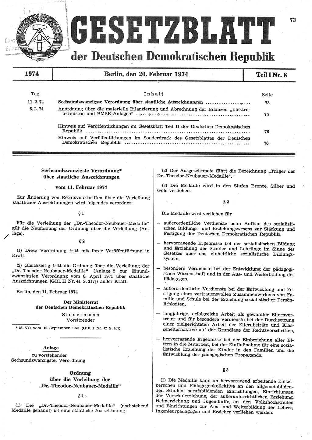 Gesetzblatt (GBl.) der Deutschen Demokratischen Republik (DDR) Teil Ⅰ 1974, Seite 73 (GBl. DDR Ⅰ 1974, S. 73)