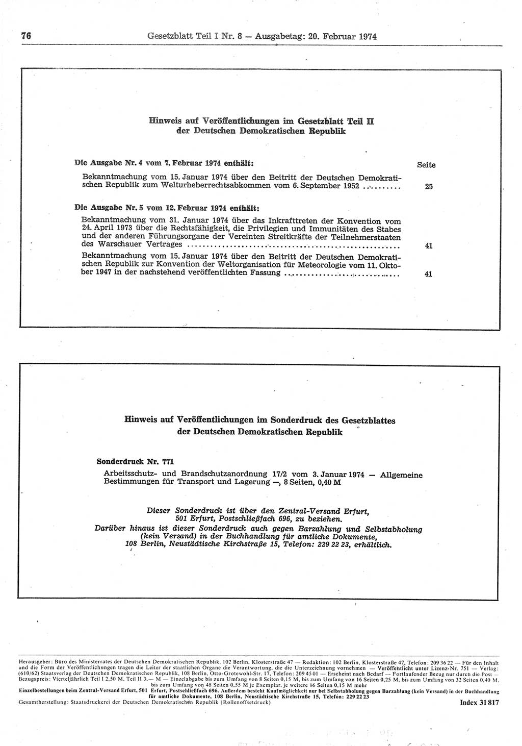 Gesetzblatt (GBl.) der Deutschen Demokratischen Republik (DDR) Teil Ⅰ 1974, Seite 76 (GBl. DDR Ⅰ 1974, S. 76)