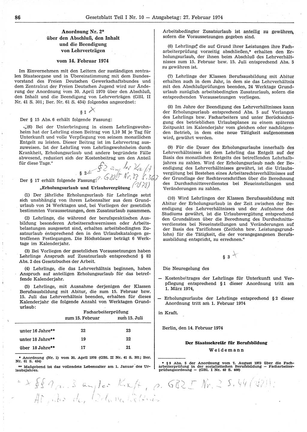 Gesetzblatt (GBl.) der Deutschen Demokratischen Republik (DDR) Teil Ⅰ 1974, Seite 86 (GBl. DDR Ⅰ 1974, S. 86)