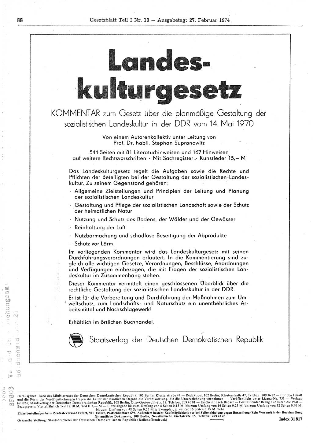 Gesetzblatt (GBl.) der Deutschen Demokratischen Republik (DDR) Teil Ⅰ 1974, Seite 88 (GBl. DDR Ⅰ 1974, S. 88)