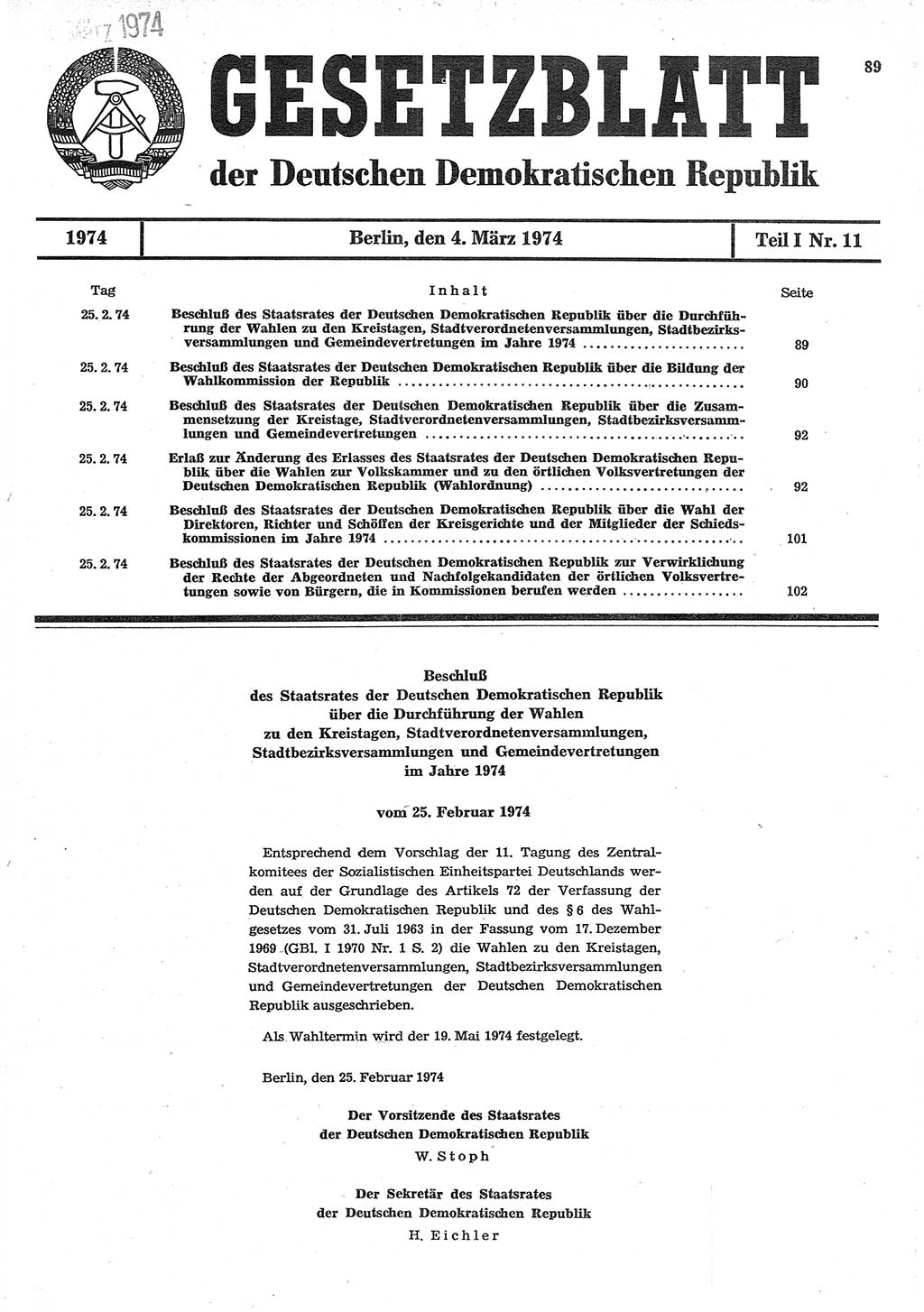 Gesetzblatt (GBl.) der Deutschen Demokratischen Republik (DDR) Teil Ⅰ 1974, Seite 89 (GBl. DDR Ⅰ 1974, S. 89)