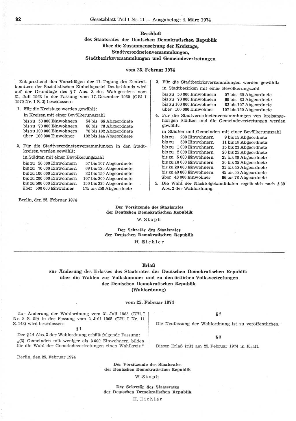 Gesetzblatt (GBl.) der Deutschen Demokratischen Republik (DDR) Teil Ⅰ 1974, Seite 92 (GBl. DDR Ⅰ 1974, S. 92)