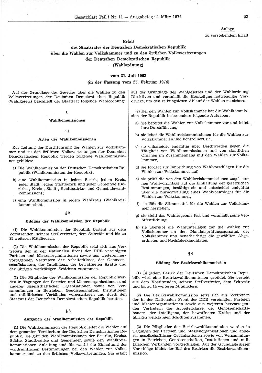 Gesetzblatt (GBl.) der Deutschen Demokratischen Republik (DDR) Teil Ⅰ 1974, Seite 93 (GBl. DDR Ⅰ 1974, S. 93)