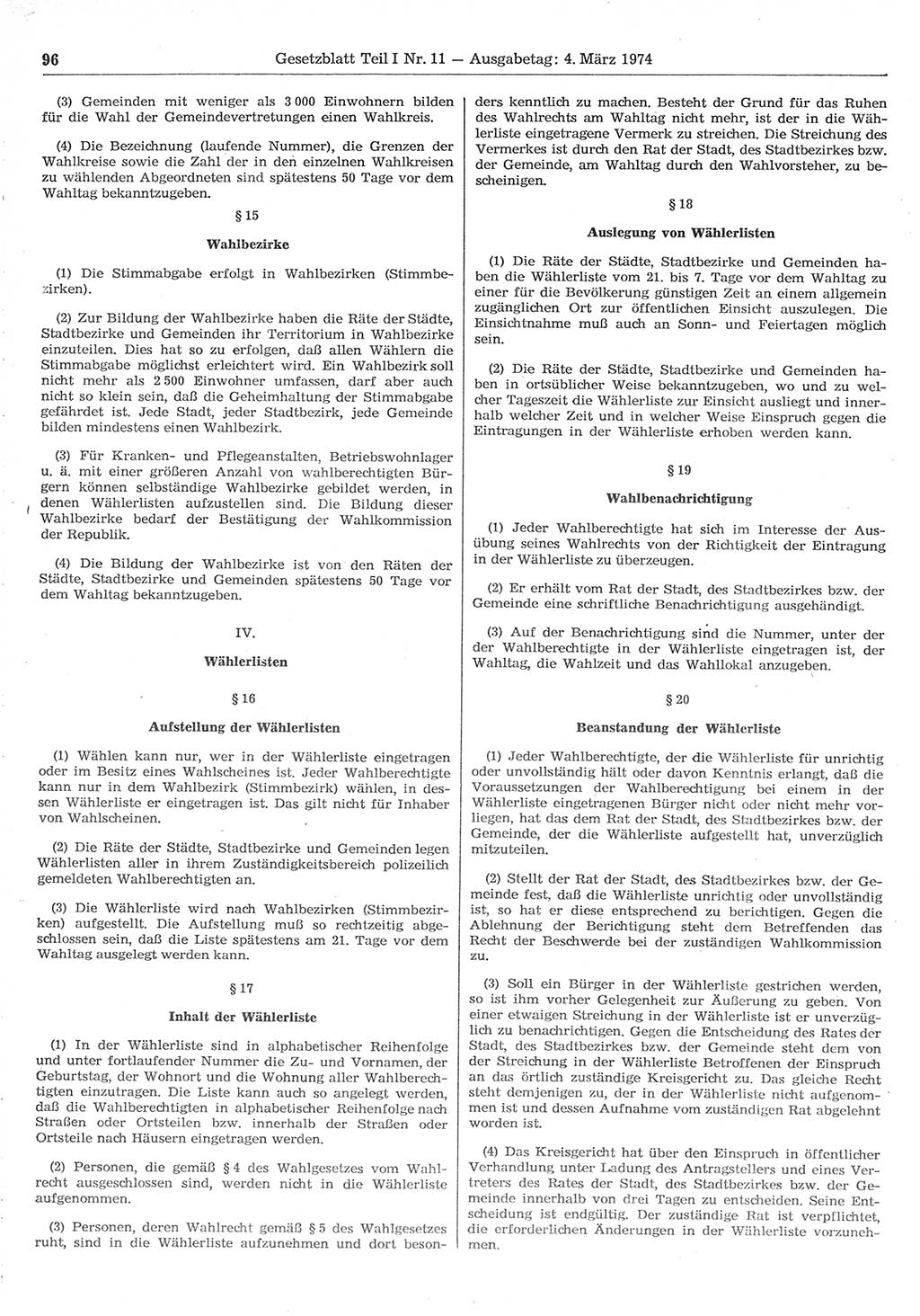 Gesetzblatt (GBl.) der Deutschen Demokratischen Republik (DDR) Teil Ⅰ 1974, Seite 96 (GBl. DDR Ⅰ 1974, S. 96)
