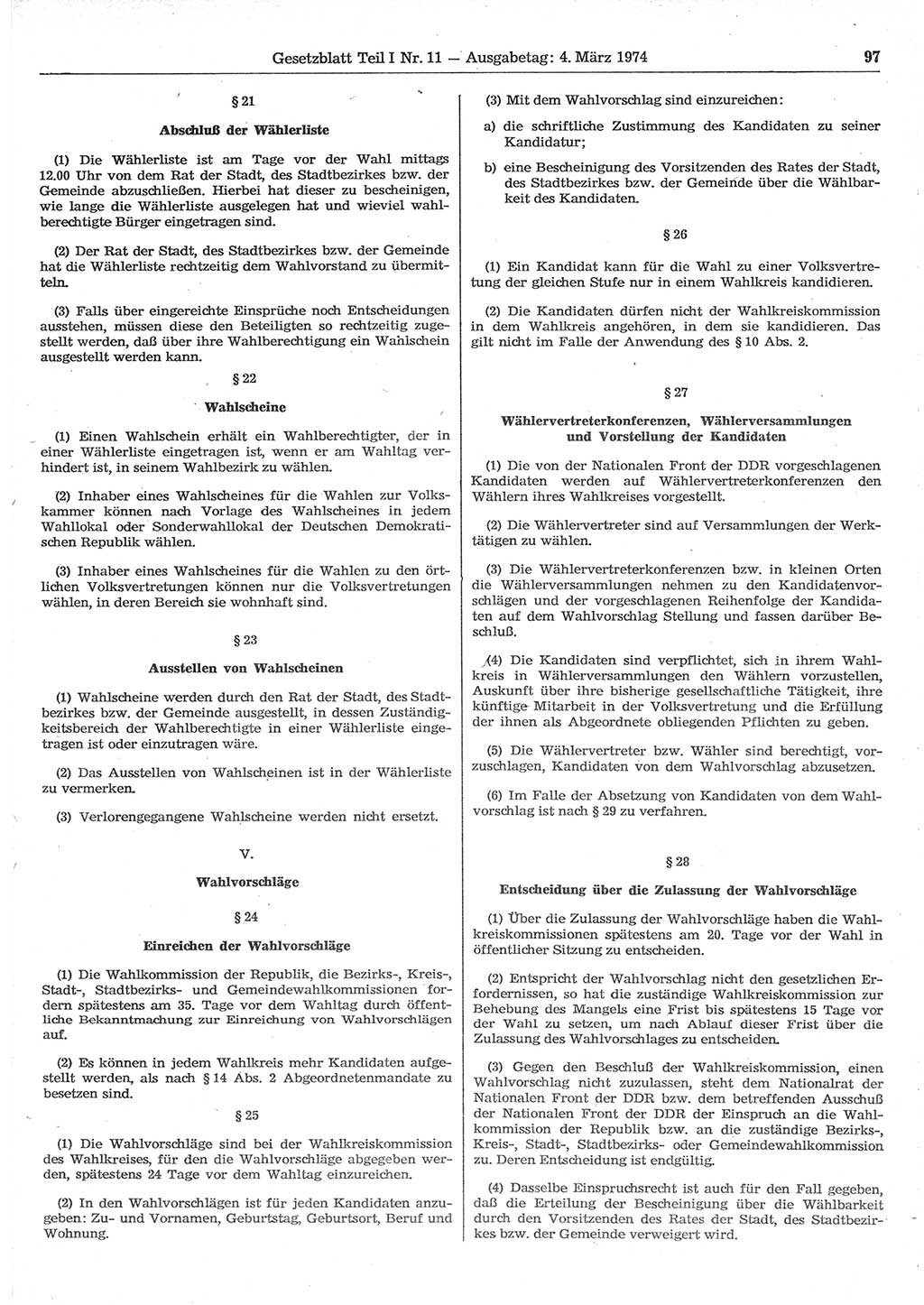 Gesetzblatt (GBl.) der Deutschen Demokratischen Republik (DDR) Teil Ⅰ 1974, Seite 97 (GBl. DDR Ⅰ 1974, S. 97)