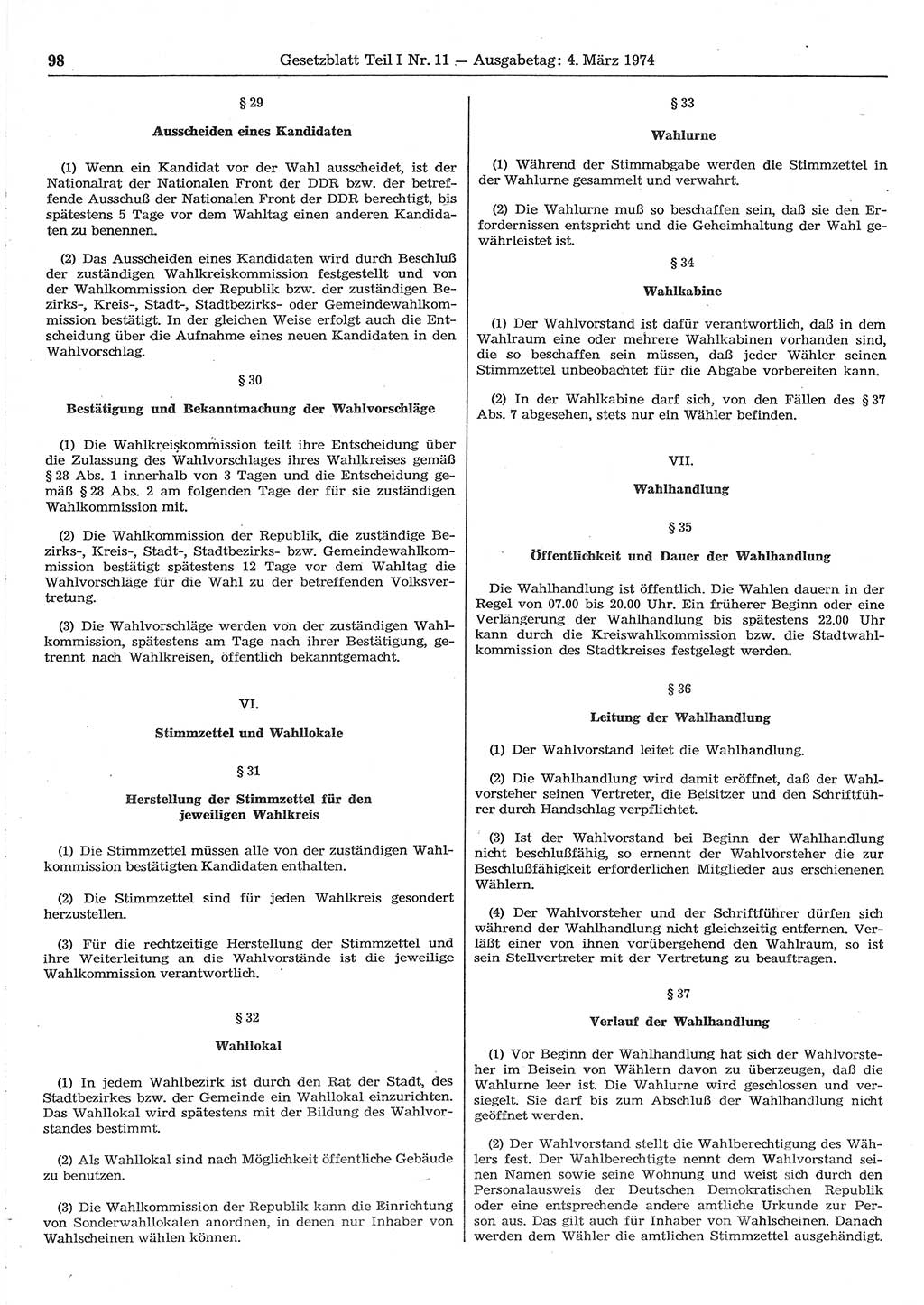 Gesetzblatt (GBl.) der Deutschen Demokratischen Republik (DDR) Teil Ⅰ 1974, Seite 98 (GBl. DDR Ⅰ 1974, S. 98)
