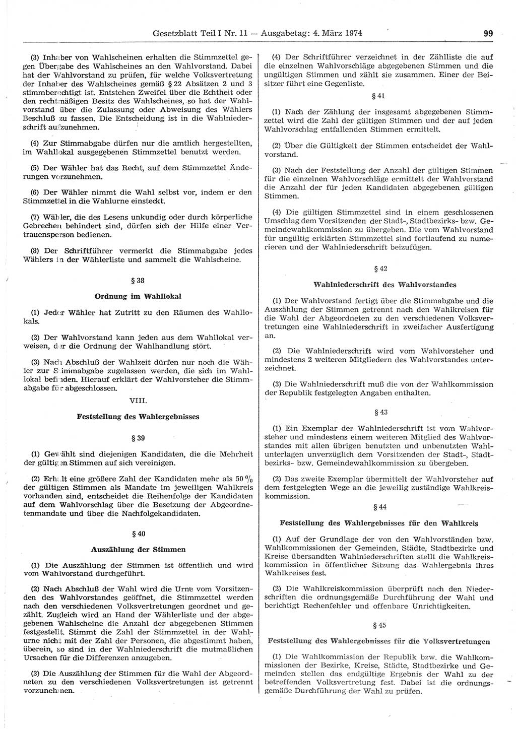 Gesetzblatt (GBl.) der Deutschen Demokratischen Republik (DDR) Teil Ⅰ 1974, Seite 99 (GBl. DDR Ⅰ 1974, S. 99)