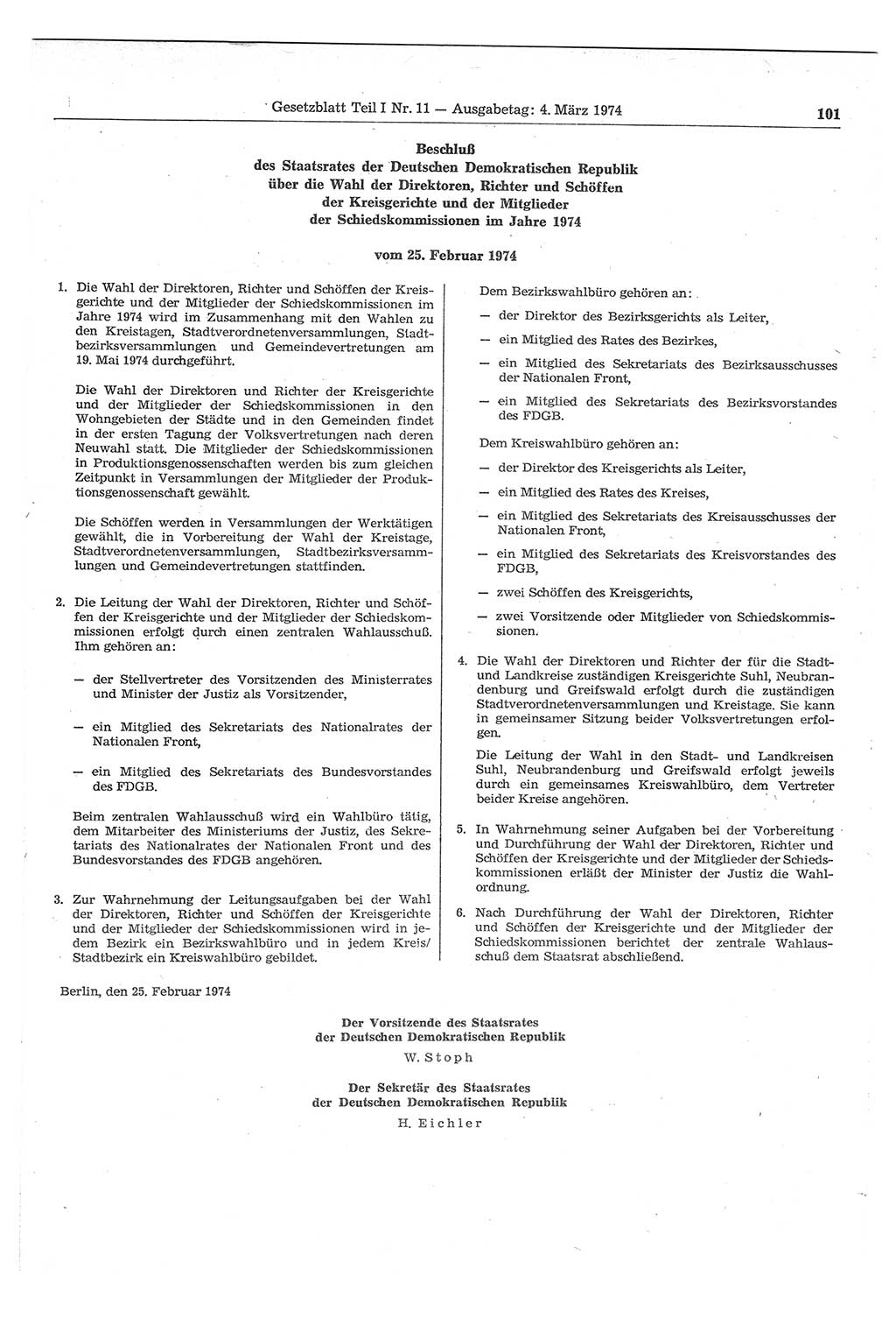 Gesetzblatt (GBl.) der Deutschen Demokratischen Republik (DDR) Teil Ⅰ 1974, Seite 101 (GBl. DDR Ⅰ 1974, S. 101)