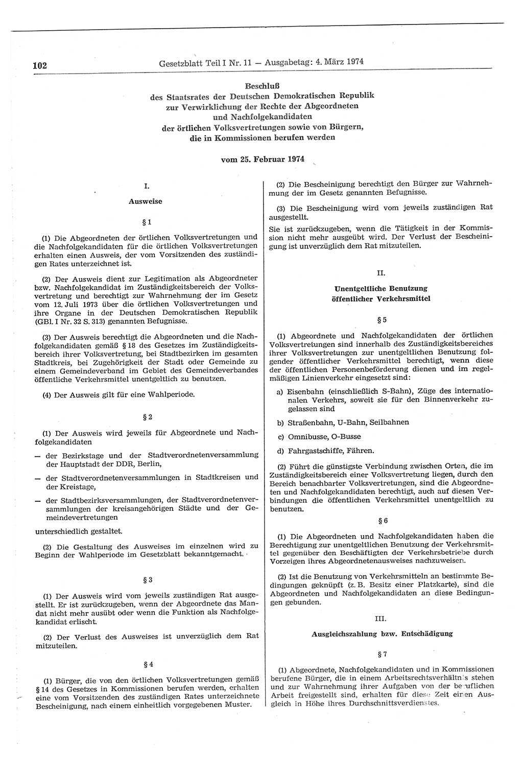 Gesetzblatt (GBl.) der Deutschen Demokratischen Republik (DDR) Teil Ⅰ 1974, Seite 102 (GBl. DDR Ⅰ 1974, S. 102)