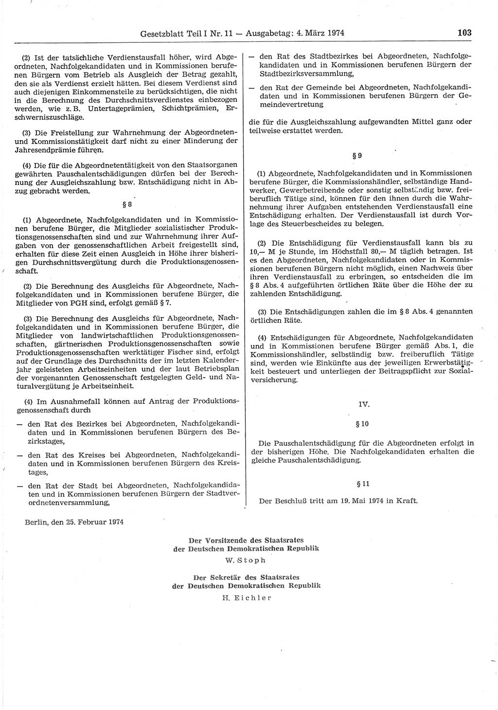 Gesetzblatt (GBl.) der Deutschen Demokratischen Republik (DDR) Teil Ⅰ 1974, Seite 103 (GBl. DDR Ⅰ 1974, S. 103)