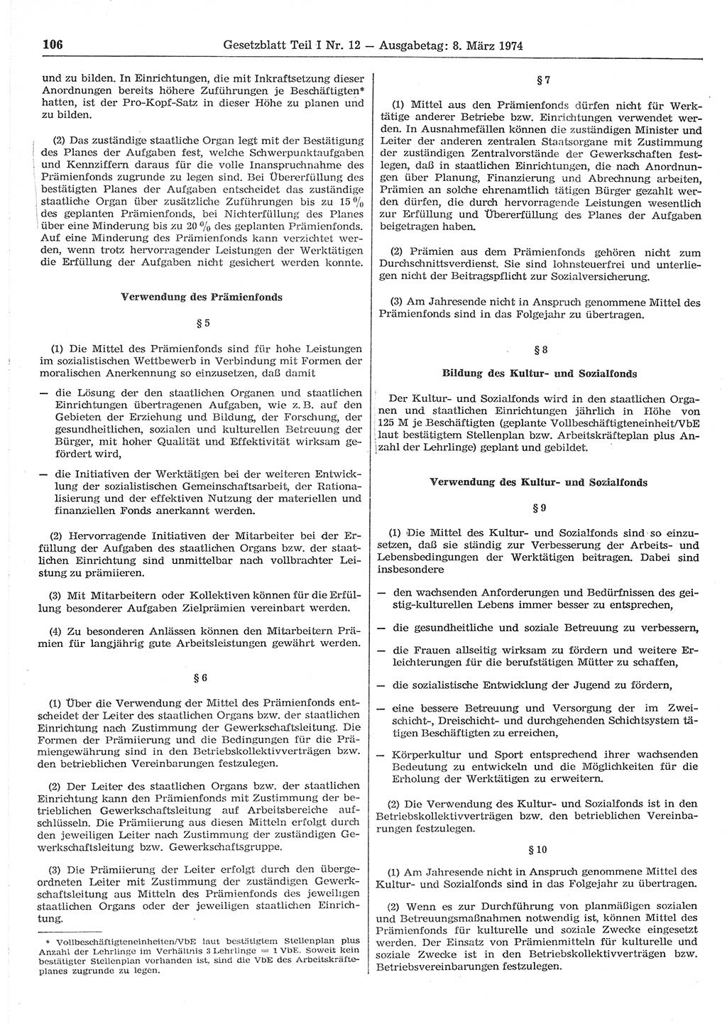Gesetzblatt (GBl.) der Deutschen Demokratischen Republik (DDR) Teil Ⅰ 1974, Seite 106 (GBl. DDR Ⅰ 1974, S. 106)