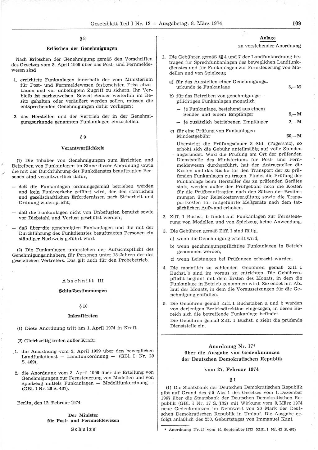 Gesetzblatt (GBl.) der Deutschen Demokratischen Republik (DDR) Teil Ⅰ 1974, Seite 109 (GBl. DDR Ⅰ 1974, S. 109)