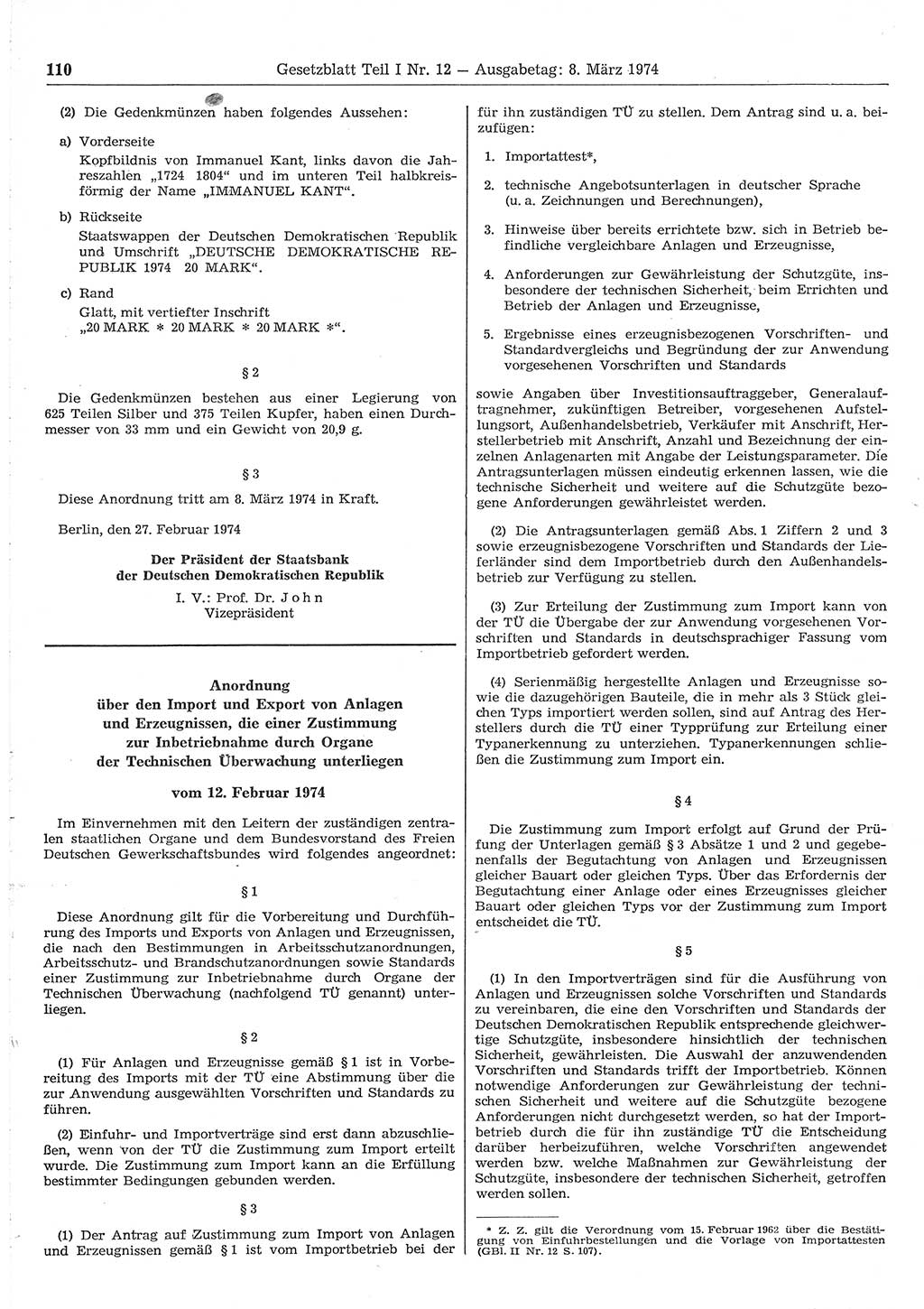 Gesetzblatt (GBl.) der Deutschen Demokratischen Republik (DDR) Teil Ⅰ 1974, Seite 110 (GBl. DDR Ⅰ 1974, S. 110)